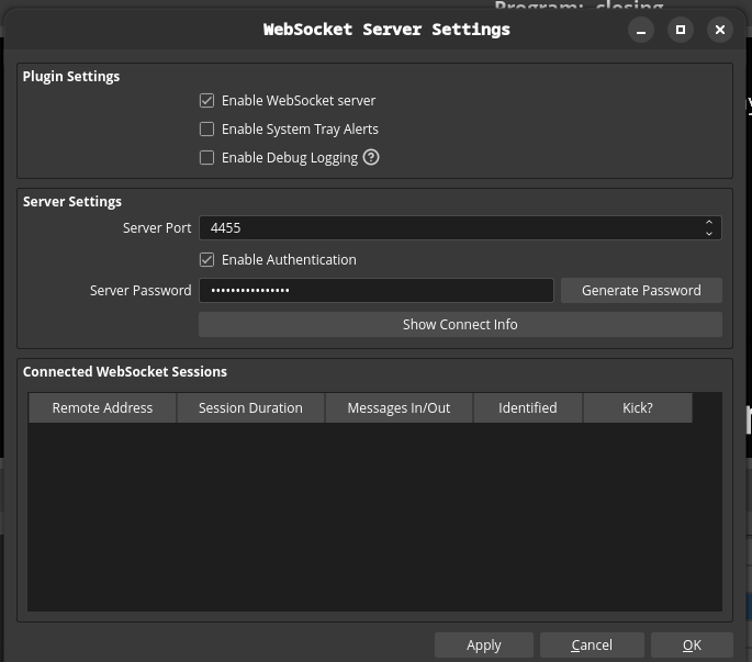 Screenshot of websocket settings window from OBS.